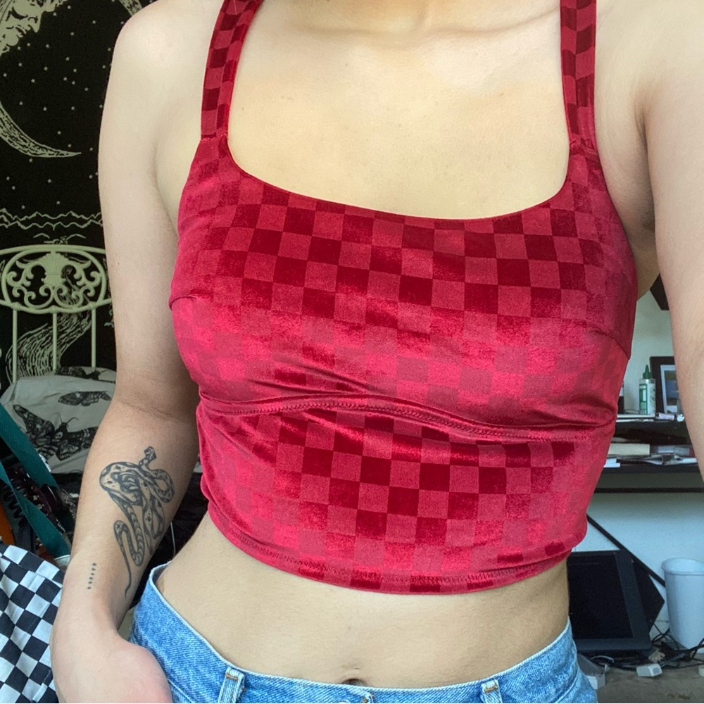 Red Checkered Velvet Women's Top